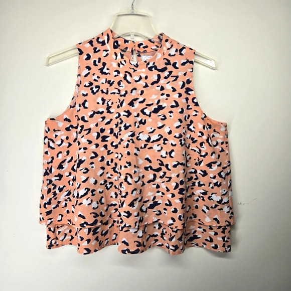 Mud‎ Pie Sleeveless Leopard Print Tiered High Neck Blouse Peach Navy Size Large - Picture 1 of 7